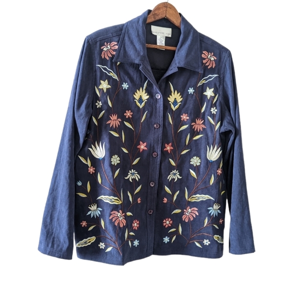 Susan Graver Shirt Jacket Navy Blue Floral Embroidered Button Down Soft Orange - Picture 1 of 5